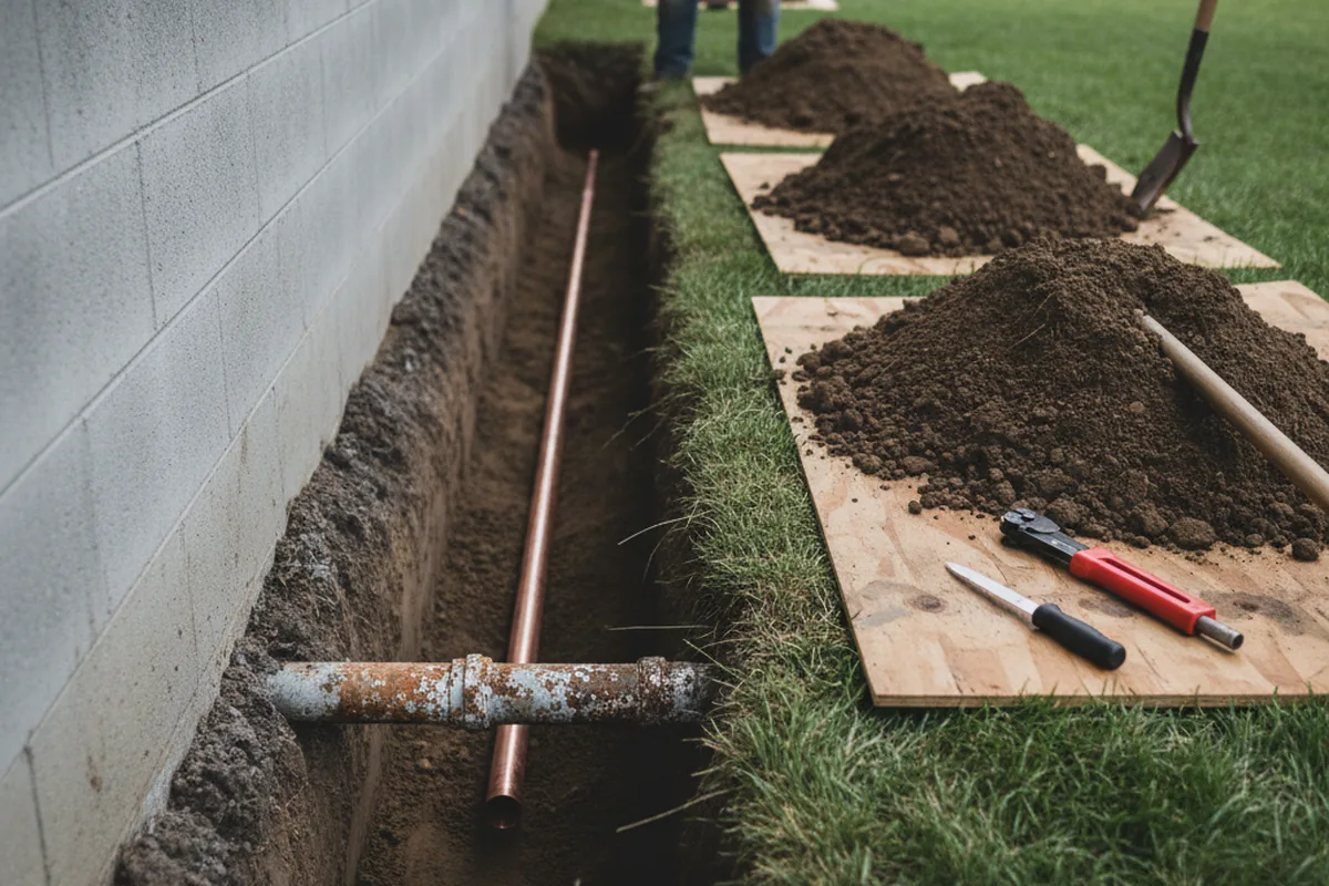 Excavated water line trench during Water Softener Installation in Guthrie